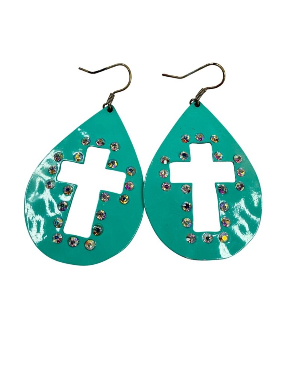 Teardrop Cross Cutout Turquoise Color Shade Earrings Rhinestone Accents Hooks